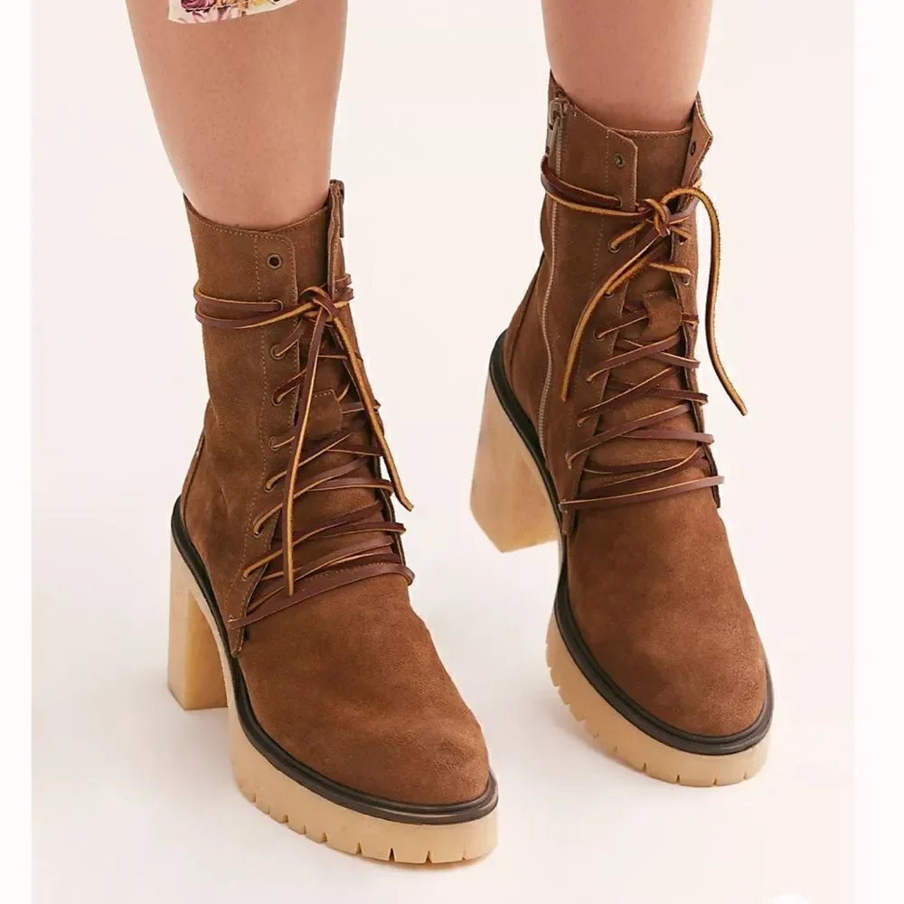 Free People Dylan Lace-Up Boots Platform Heel Brown Suede NWOB EU 40 US 10